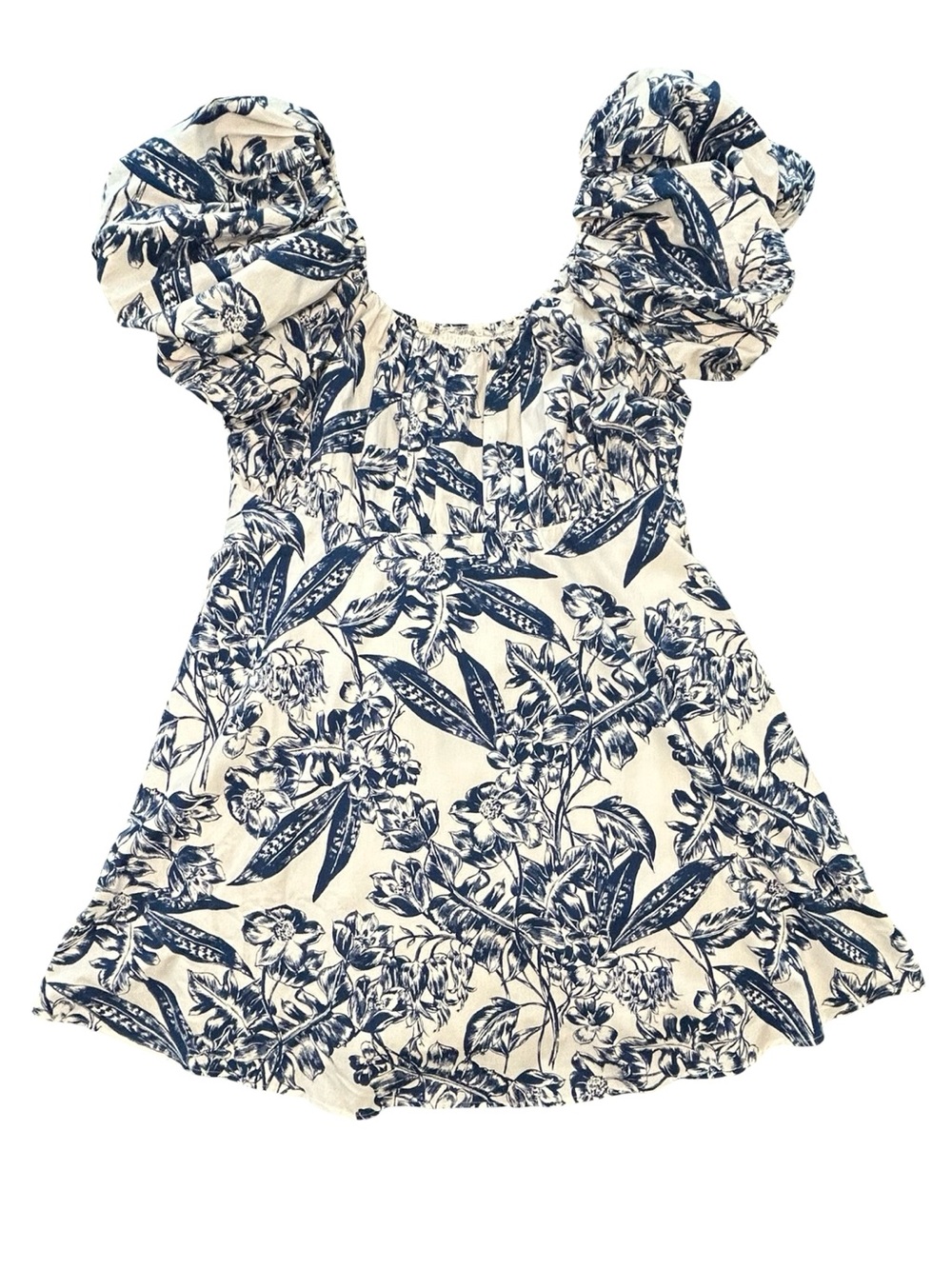 NWT Abercrombie Poplin Floral Mini Dress Blue White Puff Sleeve Cottagecore XL - Picture 3 of 10